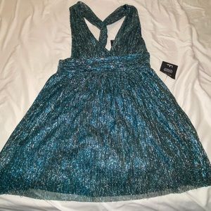 Lulu’s Ailey Gold and Teal Blue Skater Dress